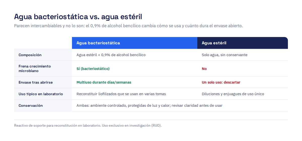 Comparación entre agua bacteriostática y agua estéril: composición, capacidad de frenar crecimiento microbiano, duración del envase tras abrirse y uso típico en laboratorio