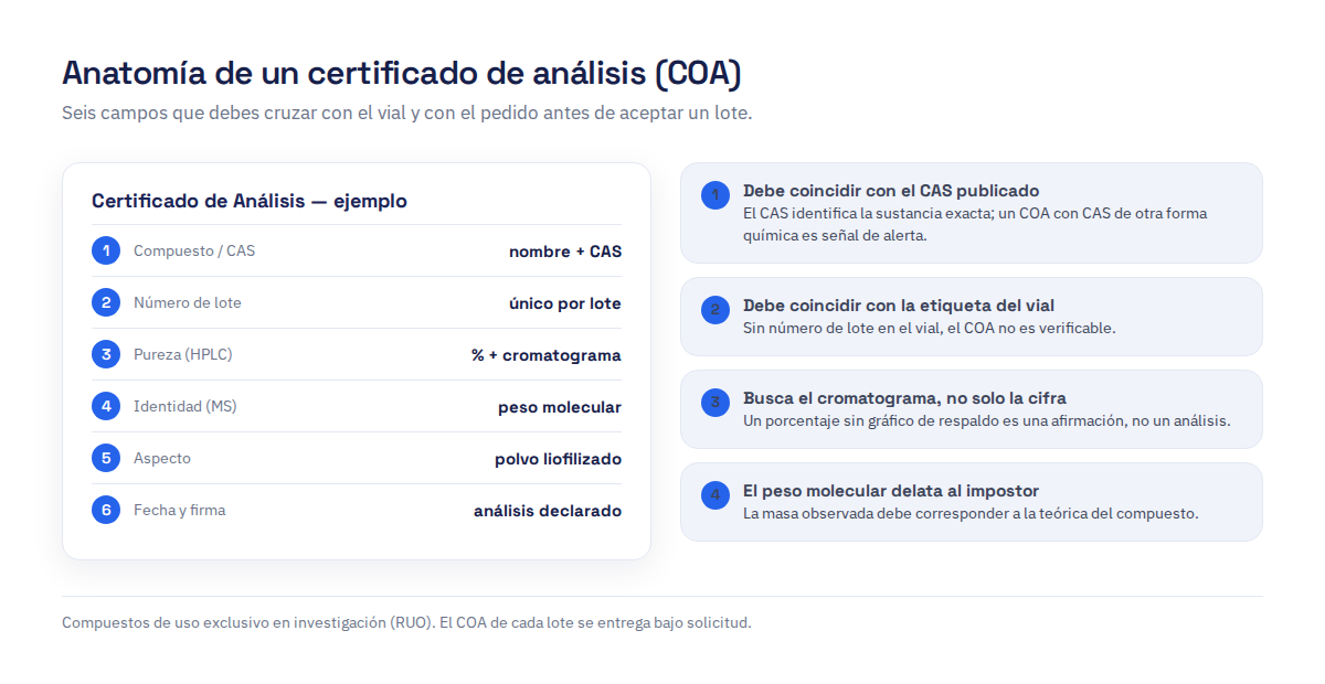 Anatomía de un certificado de análisis: seis campos (compuesto y CAS, lote, pureza HPLC, identidad MS, aspecto, fecha) con las verificaciones que corresponden a cada uno