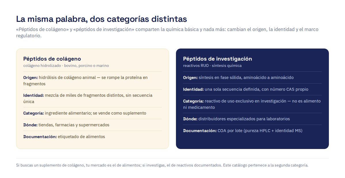 Comparación entre péptidos de colágeno (hidrólisis de colágeno animal, mezcla sin secuencia única, ingrediente alimentario) y péptidos de investigación (síntesis química, secuencia definida con CAS, reactivo RUO con COA por lote)